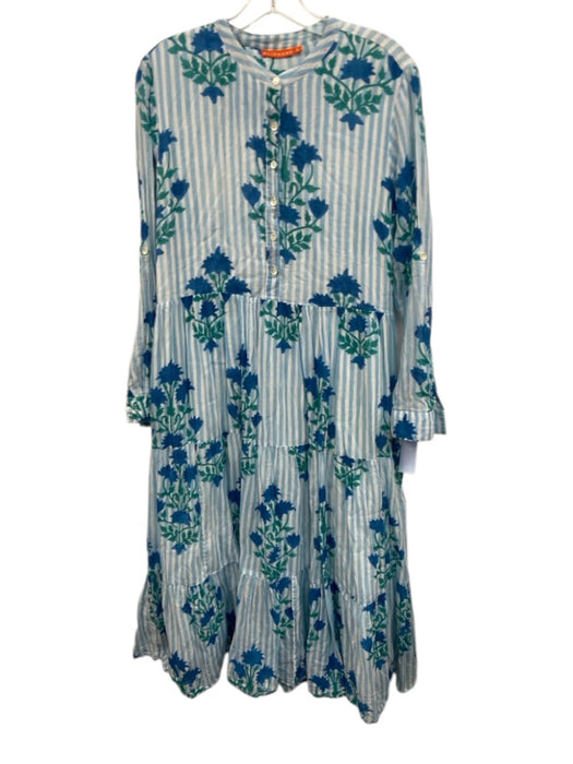 Oliphant Size L Blue, Green, White Cotton Stripe & Floral Long Sleeve Midi Dress Blue, Green, White / L