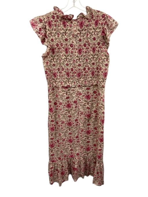Anna Cate Size M Beige & Pink Cotton Shirred block print floral Midi Dress Beige & Pink / M
