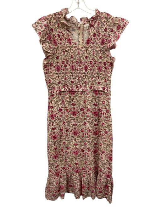 Anna Cate Size M Beige & Pink Cotton Shirred block print floral Midi Dress Beige & Pink / M