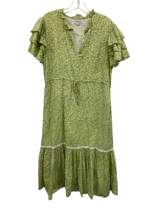Olivia James Size M Green & Blue Cotton Lace Trim Abstract Floral Midi Dress Green & Blue / M