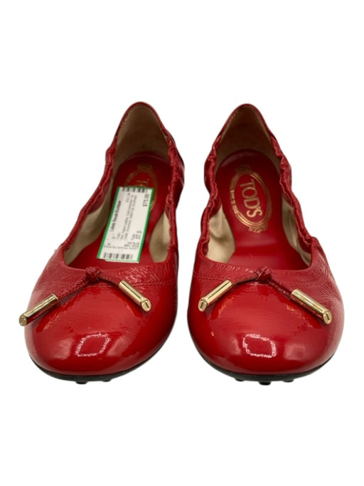 Tods Shoe Size 37.5 Red Patent Leather Gold hardware Tie Detail Scrunched Flats Red / 37.5