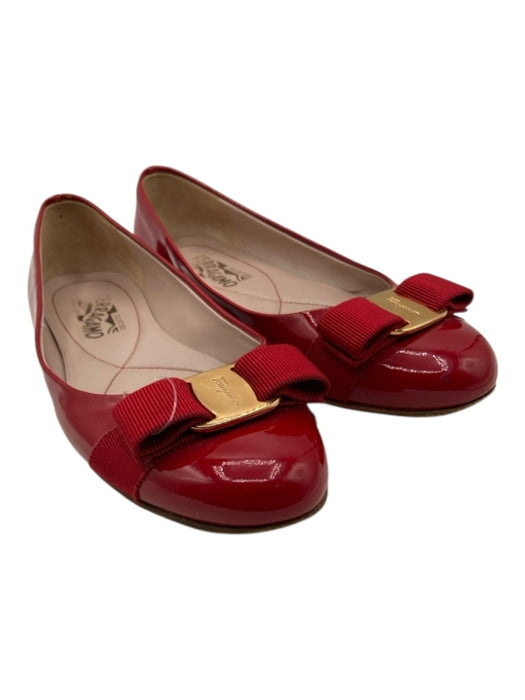Salvatore Ferragamo Shoe Size 7 Red Patent Leather Ribbon Bow Round Toe Flats Red / 7