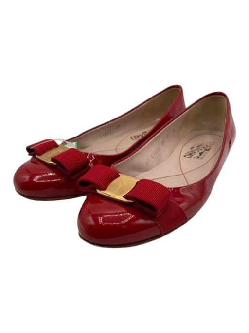 Salvatore Ferragamo Shoe Size 7 Red Patent Leather Ribbon Bow Round Toe Flats Red / 7