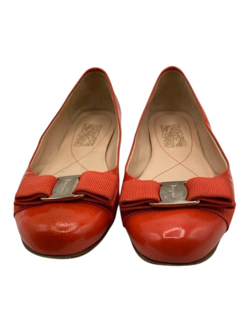 Salvatore Ferragamo Shoe Size 7 Orange Patent Leather Ribbon Bow Round Toe Flats Orange / 7