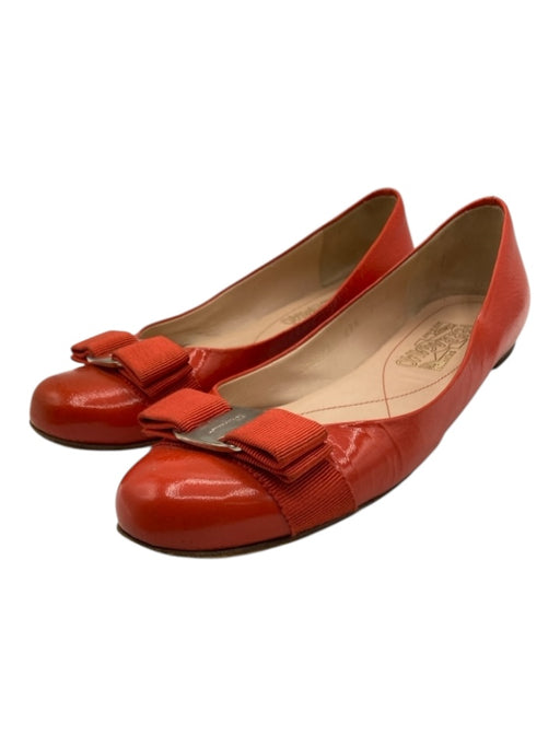 Salvatore Ferragamo Shoe Size 7 Orange Patent Leather Ribbon Bow Round Toe Flats Orange / 7