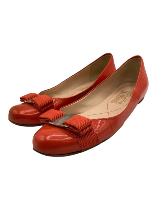 Salvatore Ferragamo Shoe Size 7 Orange Patent Leather Ribbon Bow Round Toe Flats Orange / 7