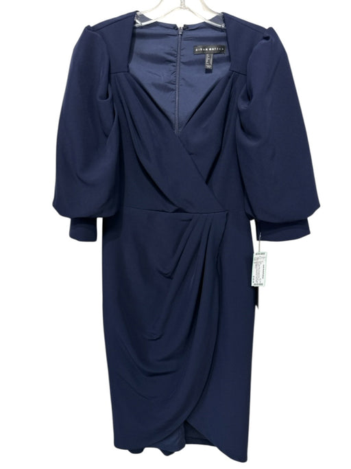 Aidan Mattox Size 0 Navy Blue Polyester Blend 1/2 Puff Sleeve V Neck Dress Navy Blue / 0