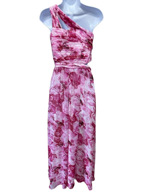 Aidan Aidan Mattox Size 2 White & Pink Polyester Floral One Shoulder Gown White & Pink / 2