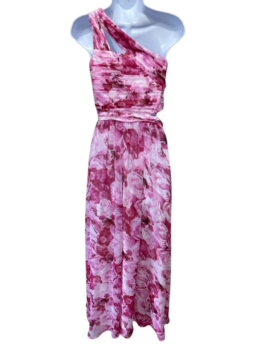 Aidan Aidan Mattox Size 2 White & Pink Polyester Floral One Shoulder Gown White & Pink / 2