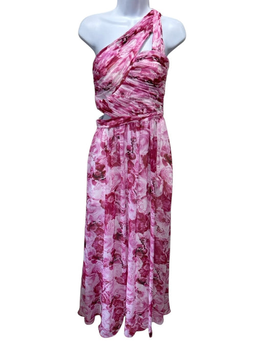 Aidan Aidan Mattox Size 2 White & Pink Polyester Floral One Shoulder Gown White & Pink / 2
