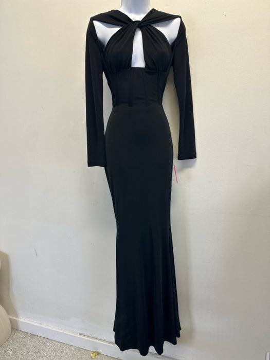 Alieva Size S Black Rayon Blend Long Sleeve Cut Out bustier Maxi Dress