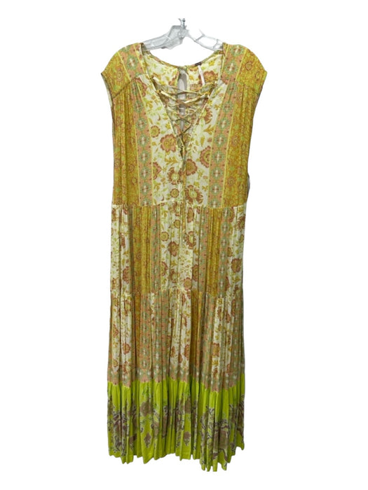 Free People Size S Yellow Print Rayon Blend Floral Lace Up Front Maxi Dress Yellow Print / S