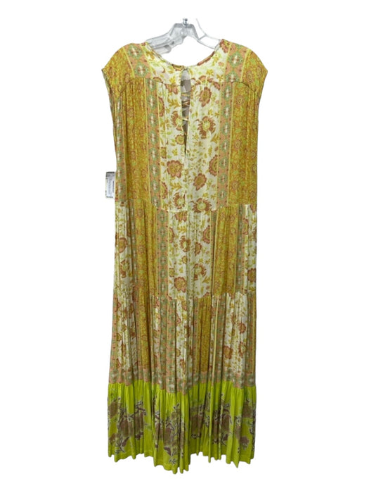 Free People Size S Yellow Print Rayon Blend Floral Lace Up Front Maxi Dress Yellow Print / S