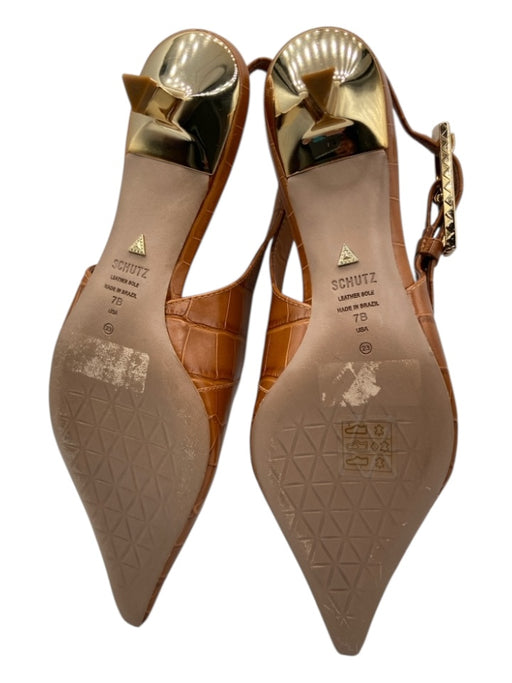 Schutz Shoe Size 7 Toffee Brown Leather Croc Embossed Gold Tone Buckle Pumps Toffee Brown / 7