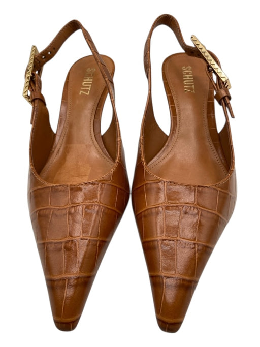 Schutz Shoe Size 7 Toffee Brown Leather Croc Embossed Gold Tone Buckle Pumps Toffee Brown / 7