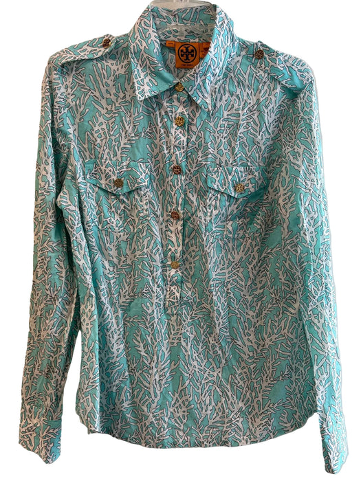 Tory Burch Size 12 Blue Cotton Coral Print Button Down Long Sleeve Top