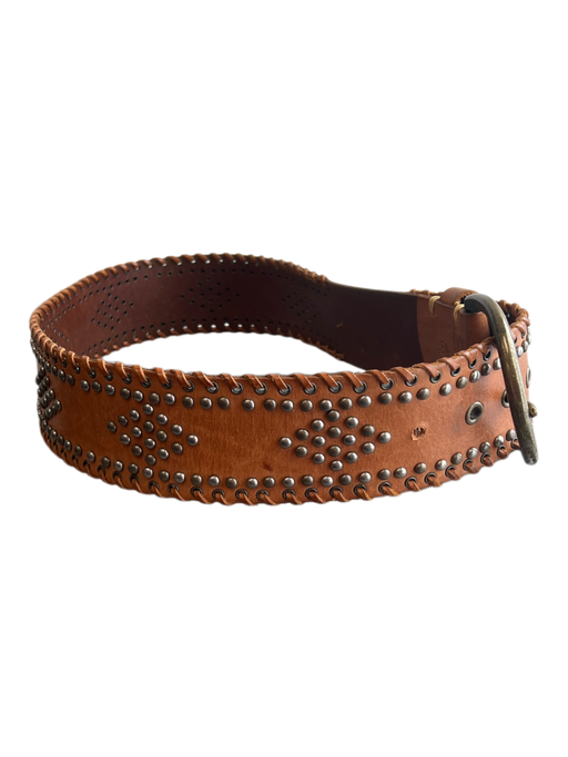 No Brand Brown Leather Brass Buckle Whipstitch Wide Small Grommet Designs Belts Brown / Medium