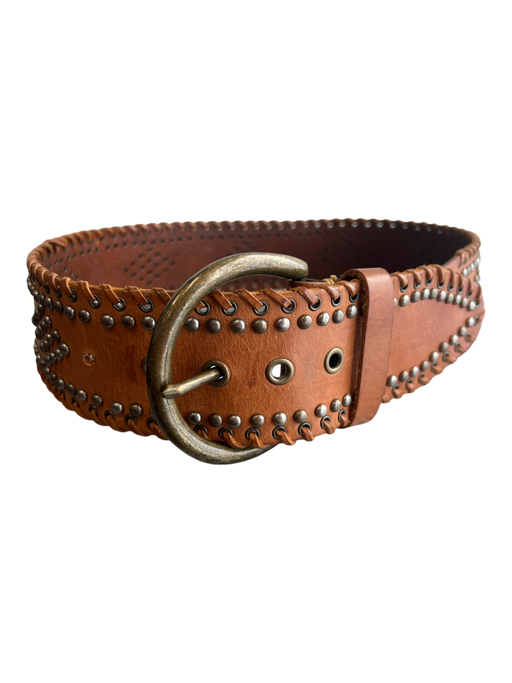 No Brand Brown Leather Brass Buckle Whipstitch Wide Small Grommet Designs Belts Brown / Medium