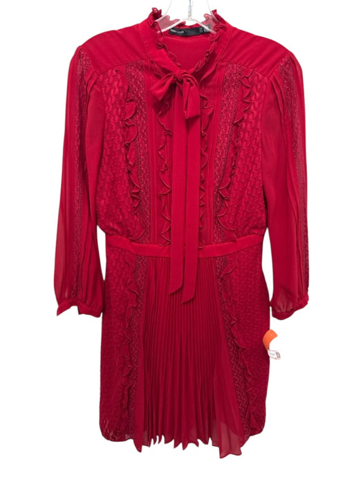 Karen Millen Size 6 Red Polyester 3/4 Sleeve Ruffle Detail Lace Accent Dress Red / 6