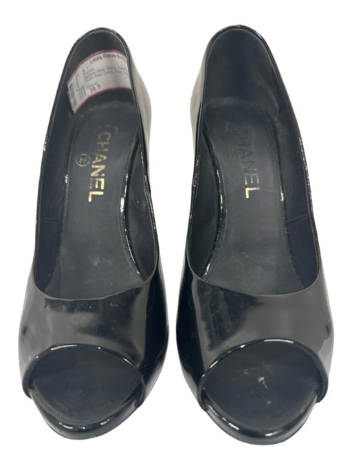 Chanel Shoe Size 38.5 Black Patent Leather GHW Pearl Detail Peep Toe Pumps Black / 38.5