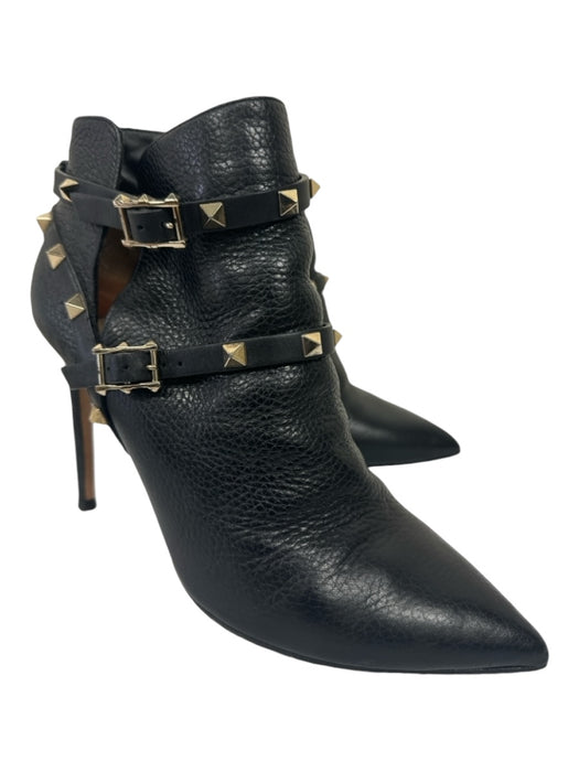 Valentino Shoe Size 39 Black Leather GHW Studded Buckle Heel Booties Black / 39