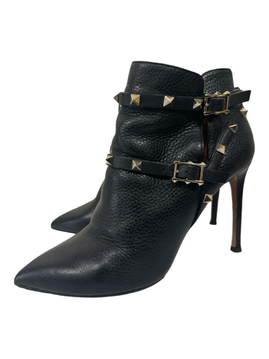 Valentino Shoe Size 39 Black Leather GHW Studded Buckle Heel Booties Black / 39