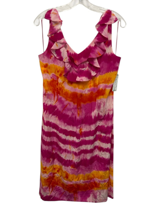 Escada Size 42 Fuchsia, Orange & White Silk Ruffle Cap Sleeve Tie Dye Dress Fuchsia, Orange & White / 42