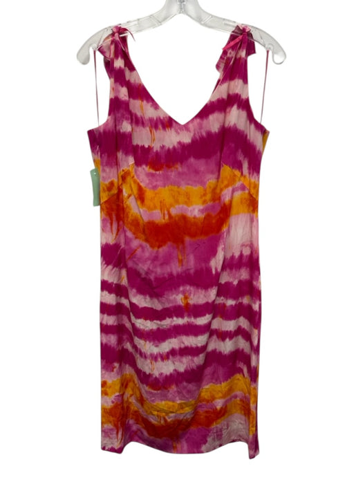 Escada Size 42 Fuchsia, Orange & White Silk Ruffle Cap Sleeve Tie Dye Dress Fuchsia, Orange & White / 42