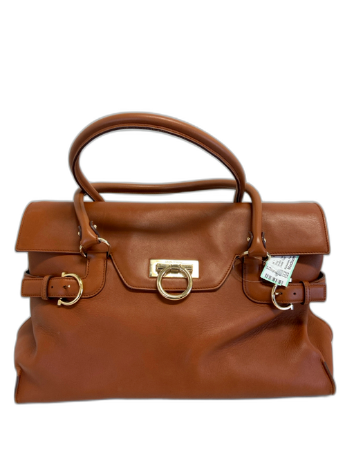 Salvatore Ferragamo Brown Leather Gold hardware Buckle Detail Flap Closure Bag Brown / Medium