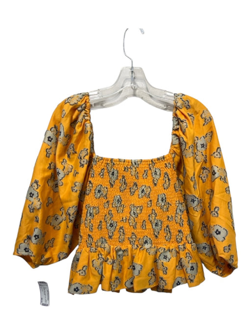 Tanya Taylor Size L Marigold Yellow Cotton & Silk Smocked Floral Print Top Marigold Yellow / L