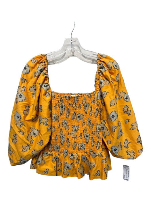 Tanya Taylor Size L Marigold Yellow Cotton & Silk Smocked Floral Print Top Marigold Yellow / L