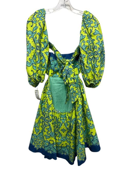 Zimmermann Size 3/L Green, Blue, Teal Linen Half Puff Sleeve Floral Mini Dress Green, Blue, Teal / 3/L