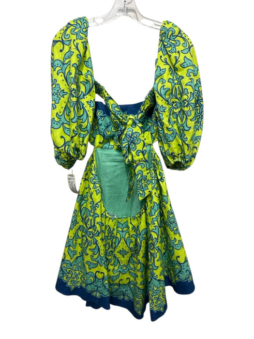 Zimmermann Size 3/L Green, Blue, Teal Linen Half Puff Sleeve Floral Mini Dress Green, Blue, Teal / 3/L