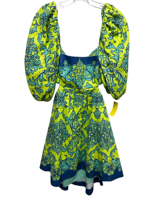 Zimmermann Size 3/L Green, Blue, Teal Linen Half Puff Sleeve Floral Mini Dress Green, Blue, Teal / 3/L