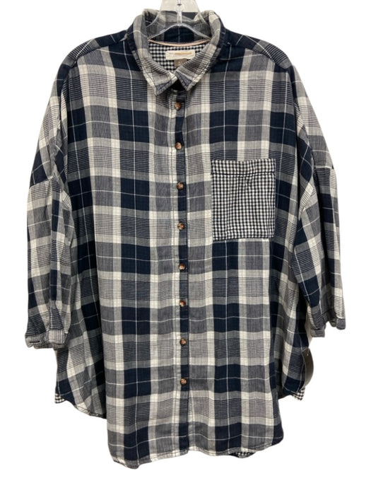 Pilcro by Anthroplogie Size M/L Navy Blue & White Cotton Plaid 3/4 Sleeve Top Navy Blue & White / M/L