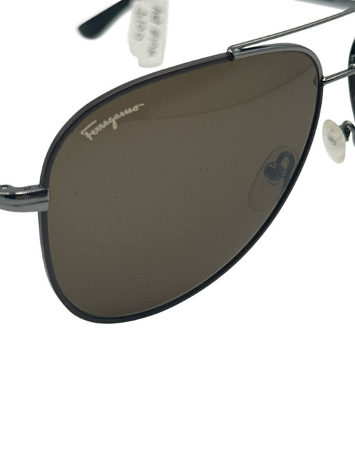 Salvatore Ferragamo Black & Silver Metal Wire Frame Brow Bar Aviator Sunglasses Black & Silver
