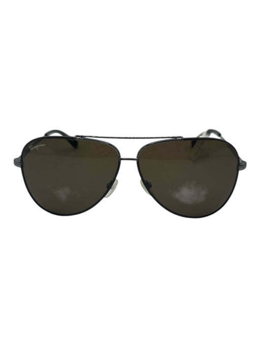 Salvatore Ferragamo Black & Silver Metal Wire Frame Brow Bar Aviator Sunglasses Black & Silver