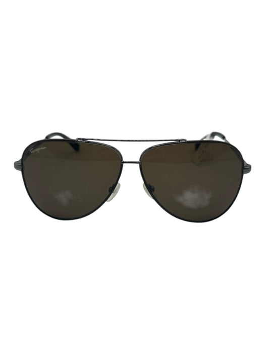 Salvatore Ferragamo Black & Silver Metal Wire Frame Brow Bar Aviator Sunglasses Black & Silver