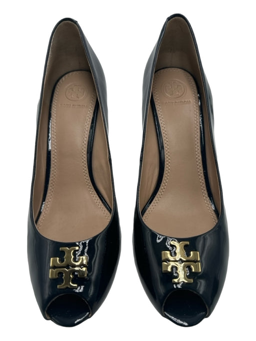 Tory Burch Shoe Size 9.5 navy & gold Patent Peep Toe Gold Hardware Wedges navy & gold / 9.5