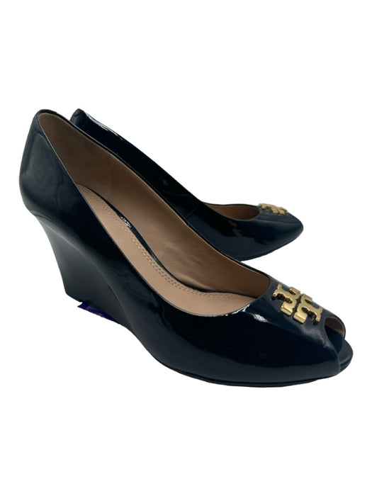 Tory Burch Shoe Size 9.5 navy & gold Patent Peep Toe Gold Hardware Wedges navy & gold / 9.5