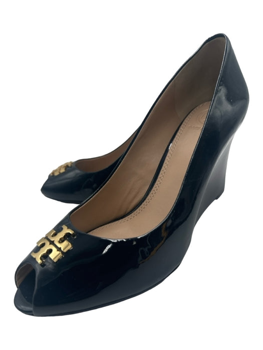 Tory Burch Shoe Size 9.5 navy & gold Patent Peep Toe Gold Hardware Wedges navy & gold / 9.5