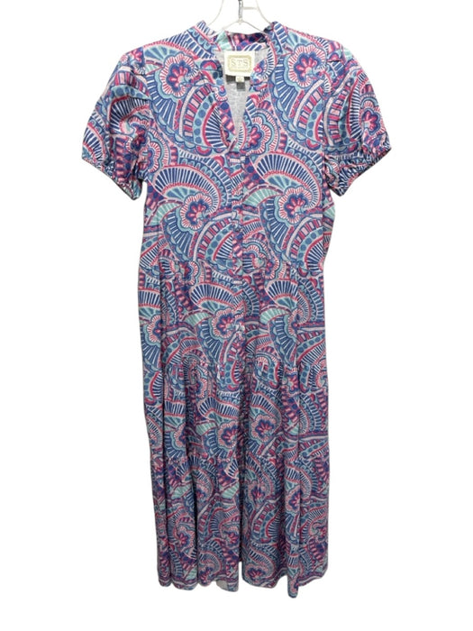 STS Sail to Sable Size S Blue & Pink Linen & Viscose Short Puff Sleeve Dress Blue & Pink / S