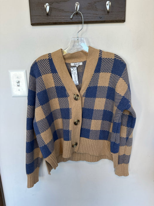 Madewell Size S Tan & blue Cotton Blend Long Sleeve Checkered Knit Sweater