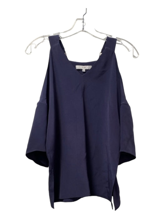 Tibi Size XXS Navy Silk V Neck Cold Shoulder Short Sleeve Flowy Top Navy / XXS