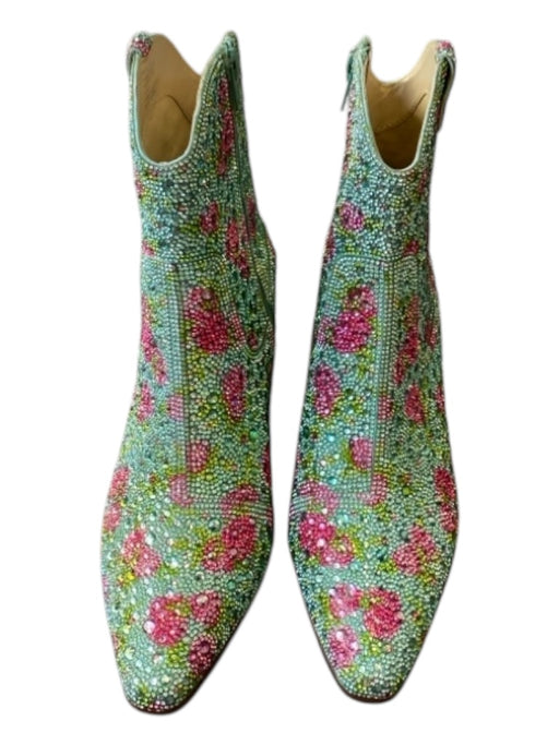 Betsey Johnson Shoe Size 8 Green & Pink Glass Stones Cuban Heel Side Zip Boots Green & Pink / 8