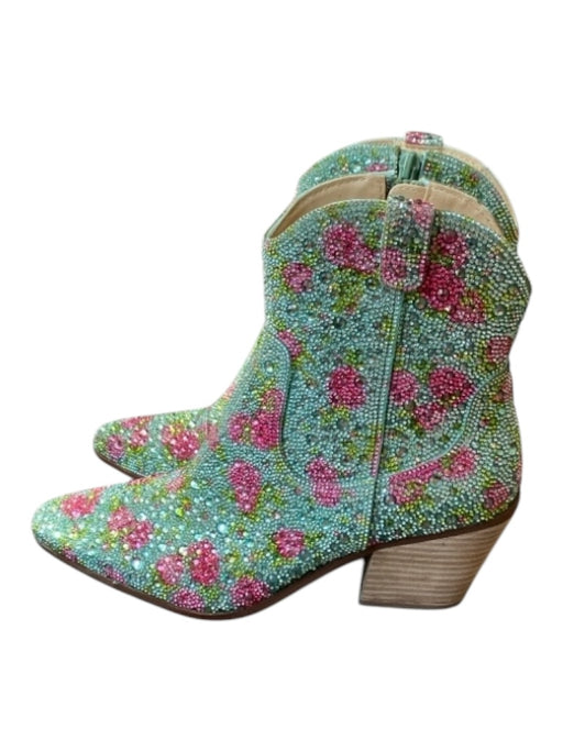 Betsey Johnson Shoe Size 8 Green & Pink Glass Stones Cuban Heel Side Zip Boots Green & Pink / 8