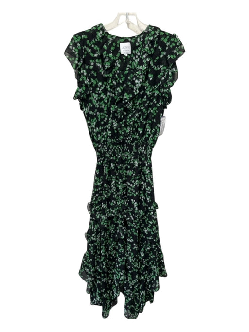 Misa Size Small Green & Black Polyester Short Sleeve Floral Ruffle Detail Dress Green & Black / Small