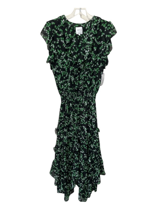 Misa Size Small Green & Black Polyester Short Sleeve Floral Ruffle Detail Dress Green & Black / Small