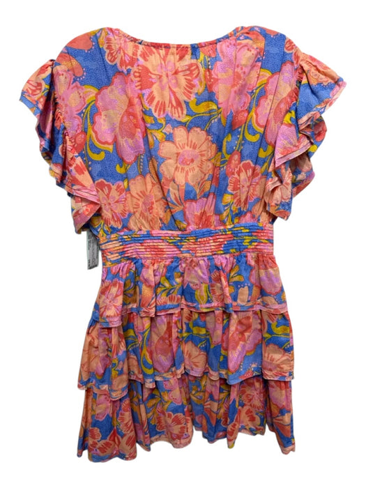 Olivaceous Size Medium Orange, Blue, Pink Cotton Ruffle Cap Sleeve Floral Dress Orange, Blue, Pink / Medium