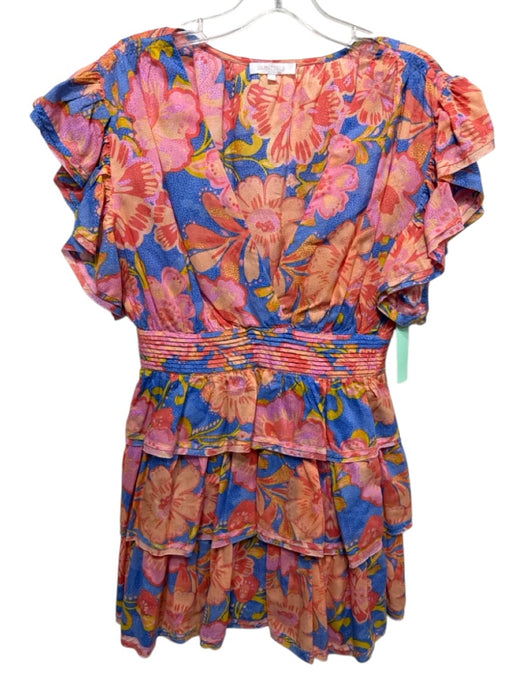 Olivaceous Size Medium Orange, Blue, Pink Cotton Ruffle Cap Sleeve Floral Dress Orange, Blue, Pink / Medium